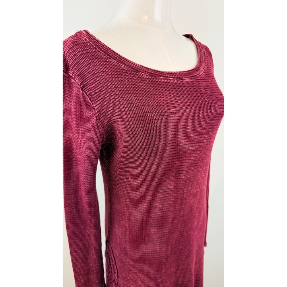 Able Boho Cottagecore Maroon Waffle Knit Crochet Trim Long Sleeve Mini Dress S - Picture 7 of 11